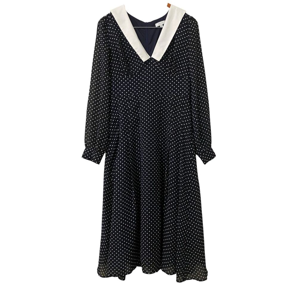 Rihoas Polka Dot Midi Dress Medium Peter Pan Puritan Collar Navy Blue White - Picture 3 of 9